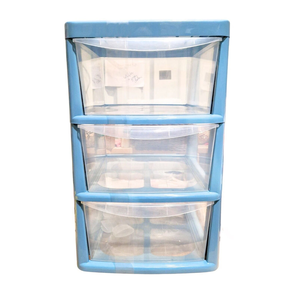 LARGE 3 PLASTIC DRAWER BLUE - TOWER UNIT TROLLEY CHEST DRAWER SCHOOL OFFICE HOME