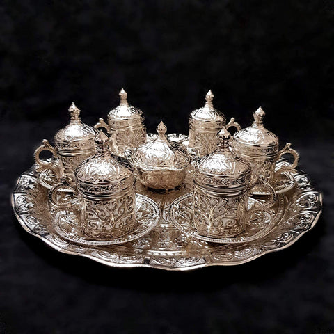 Ottoman Turkish Greek Silver Brass Tea Coffee Saucers Cups Tray Set