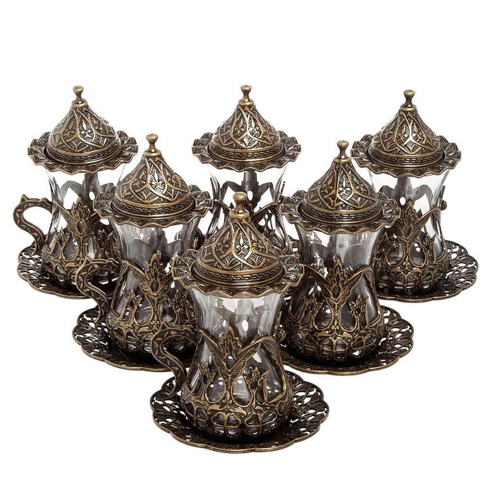 Kaffeeset: Türkisches Kaffeetassen-Set für 6 Tassen, Bronzetassen, Original-Kupferguss | Tu