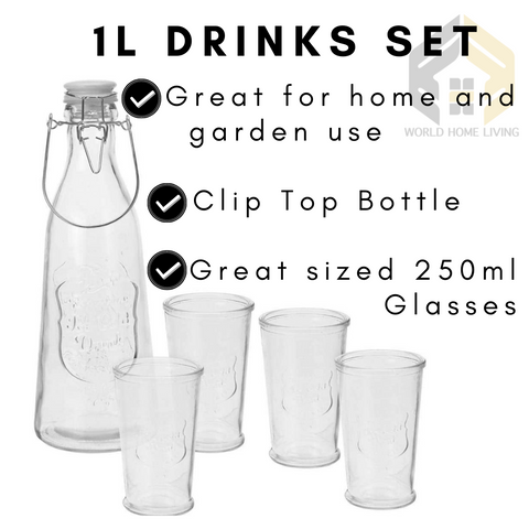 Drinking Glasses Bottle Set Clip Top 4 Glass Tumbler Stacking Carafe Giftbox