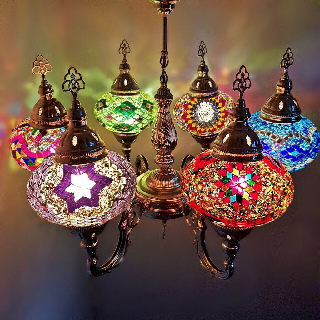 6 Ball Moroccan Turkish Style Silver Chandelier Large Glass MX - 2