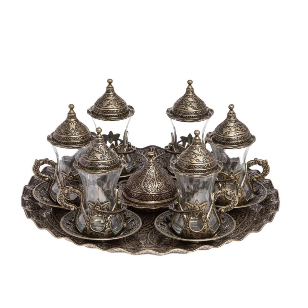 Ottoman Turkish Greek Bronze Brass Tea Coffee Saucers Cups Tray Set