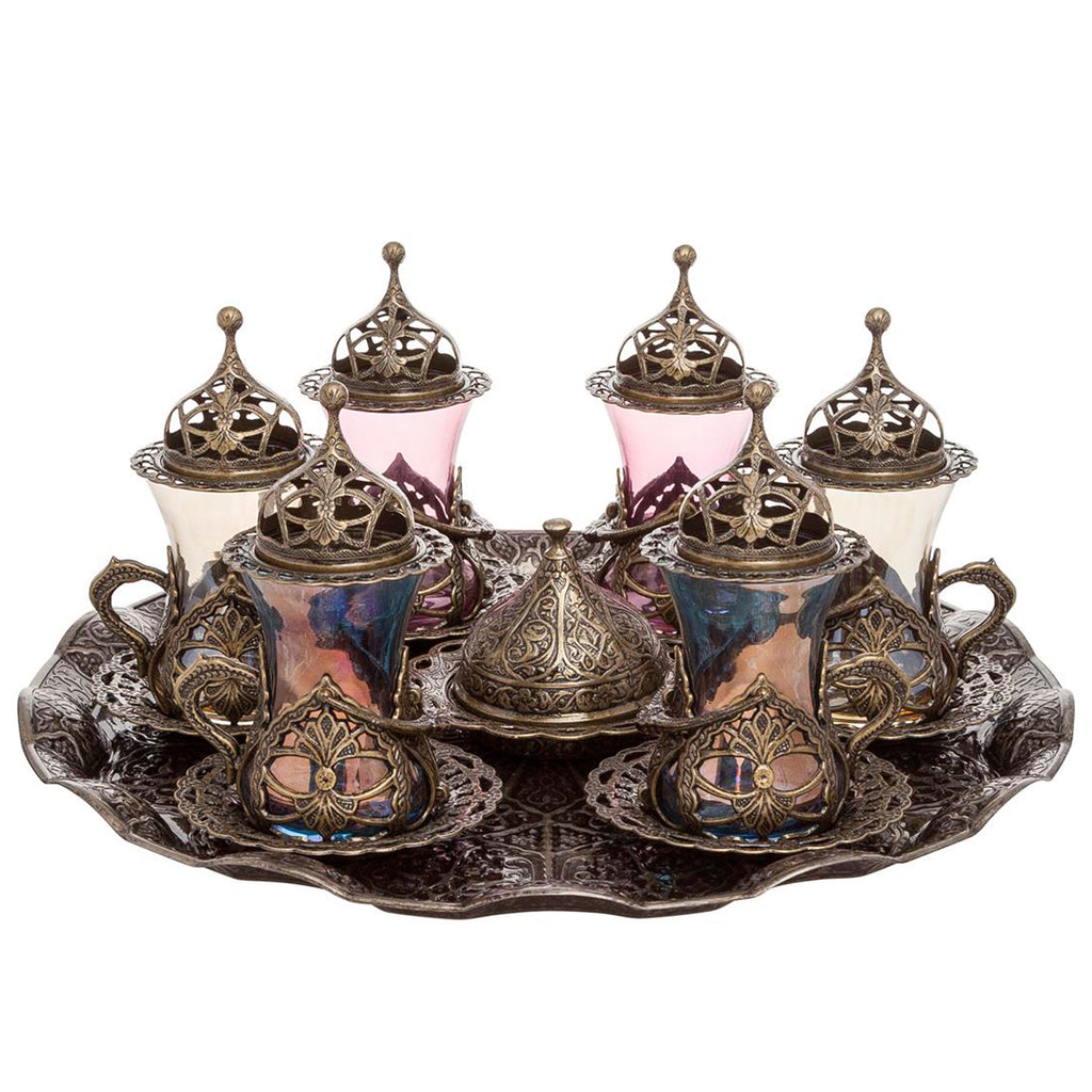 Ottoman Turkish Greek Bronze Brass Tea Coffee Saucers Cups Tray Set