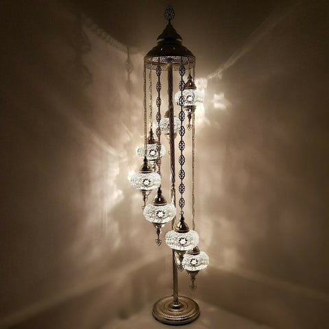Lámpara de pie plateada de estilo turco marroquí de 7 bolas, cristal grande SLMC2