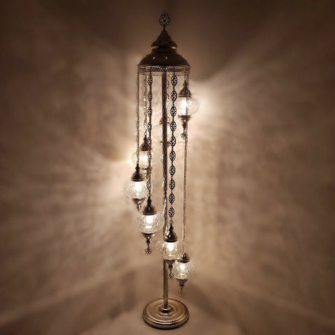 Lámpara de pie de plata de estilo turco marroquí de 7 bolas de vidrio grande SLOTO