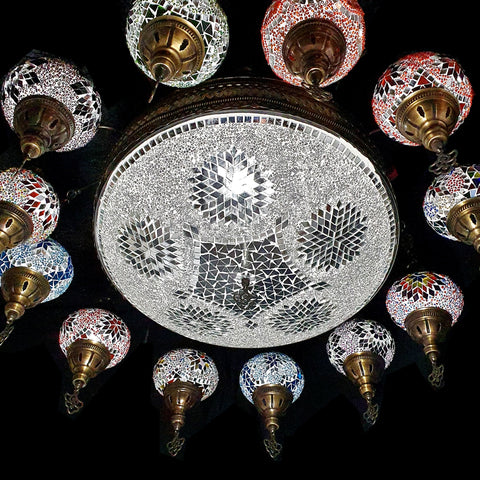 Lámpara de araña de mosaico grande turca marroquí de 12 bolas, luz para pasillo, restaurante