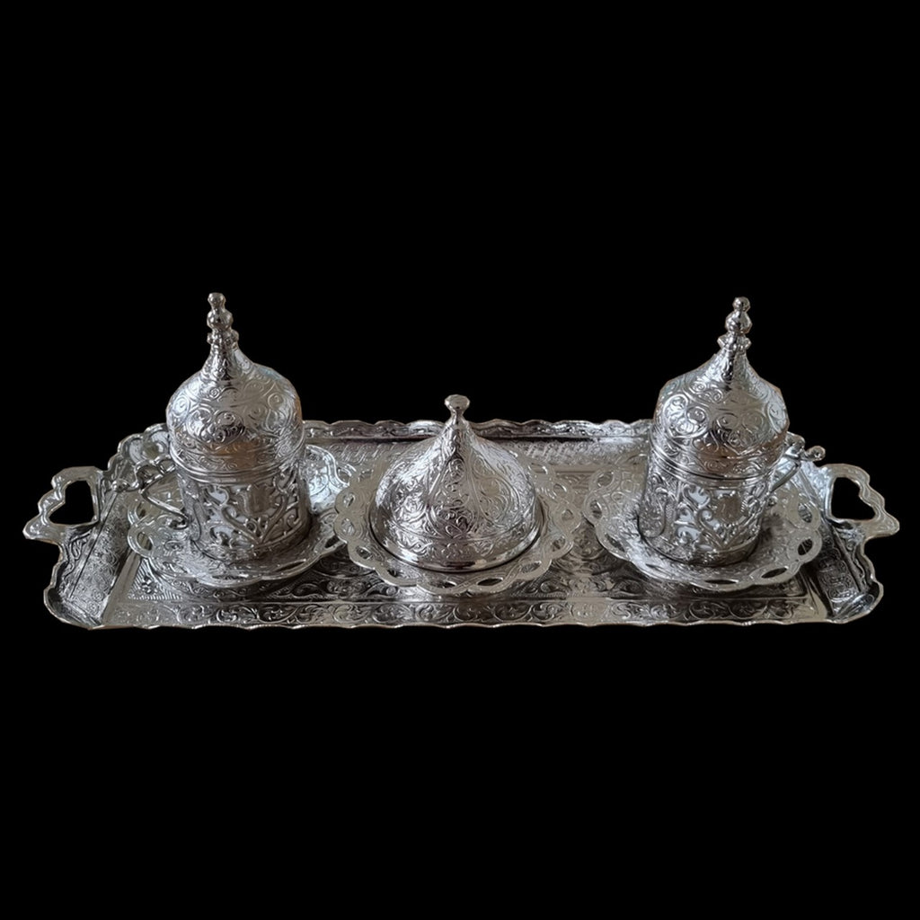 Turkish 2 in 1 Coffee Serving Set with Tray in Silver