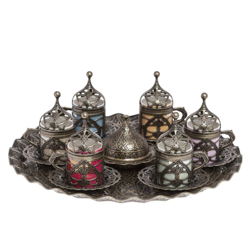 Osmanisches türkisch-griechisches Bronze-Messing-Tee-Kaffee-Untertassen-Tassen-Tablett-Set