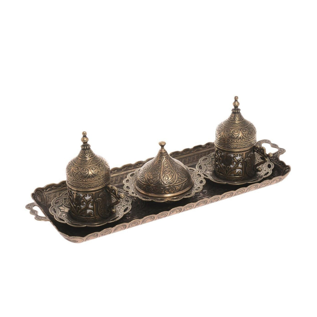 Turkish 2 in 1 Coffee Serving Set with Tray in Bronze