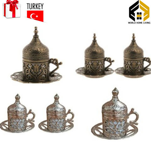Taza de platillo de café y té turco plata y bronce