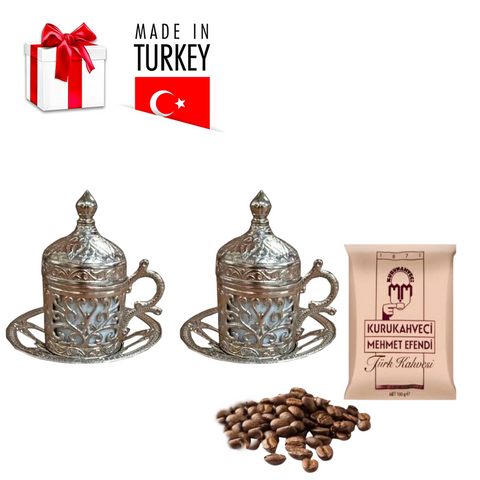 Turkish Moroccan Silver Color Metal Ceramic Coffee Saucer Cup + 100G Coffee pack