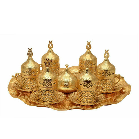 Authentic Ottoman Turkish Gold Metal Tea Coffee Saucers Cups Tray Set